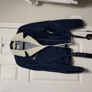 GAP Sherpa Fleece Denim Bomber Jacket Zippers Dark Jean XL Tall NEW